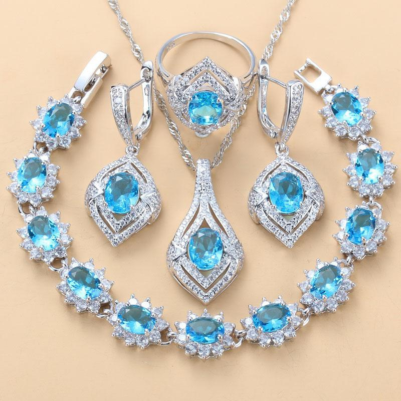 Inlaid Gemstone Pendant Earrings Necklace And Ring For Women 4 PCs Set photo 2
