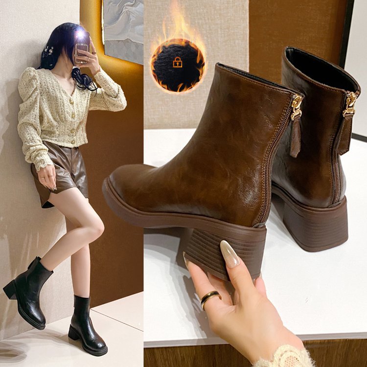 Retro Chunky-heeled Short Square-toe Mid-heel Boots photo 6