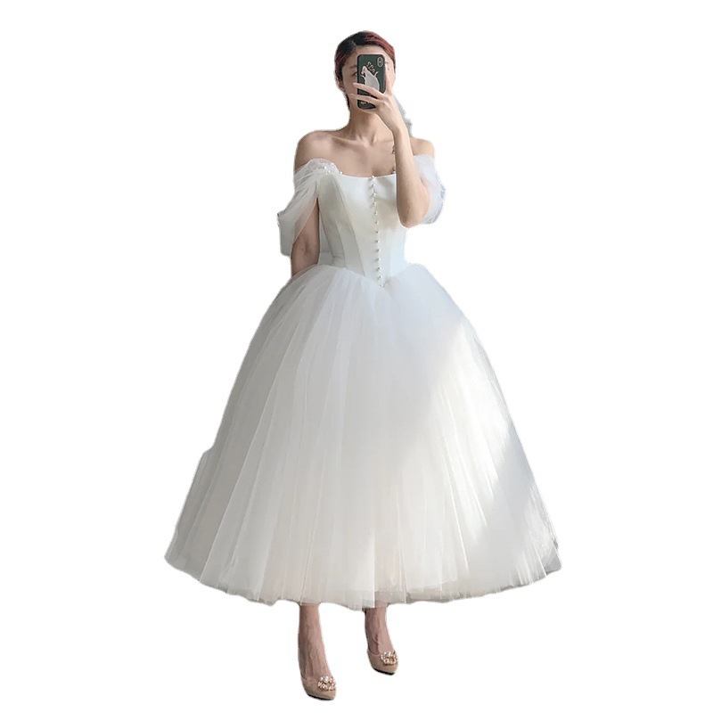 French-style Off-shoulder Light Wedding Dress Midi Length photo 3