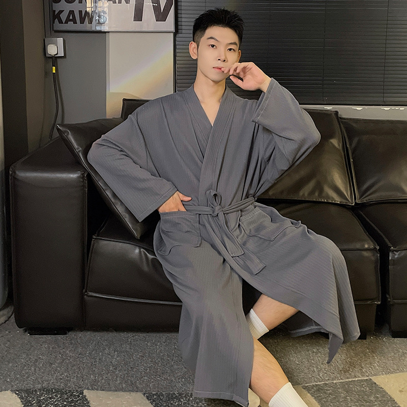 Mens Autumn Winter Solid-Color Belted Cardigan Robe photo 4