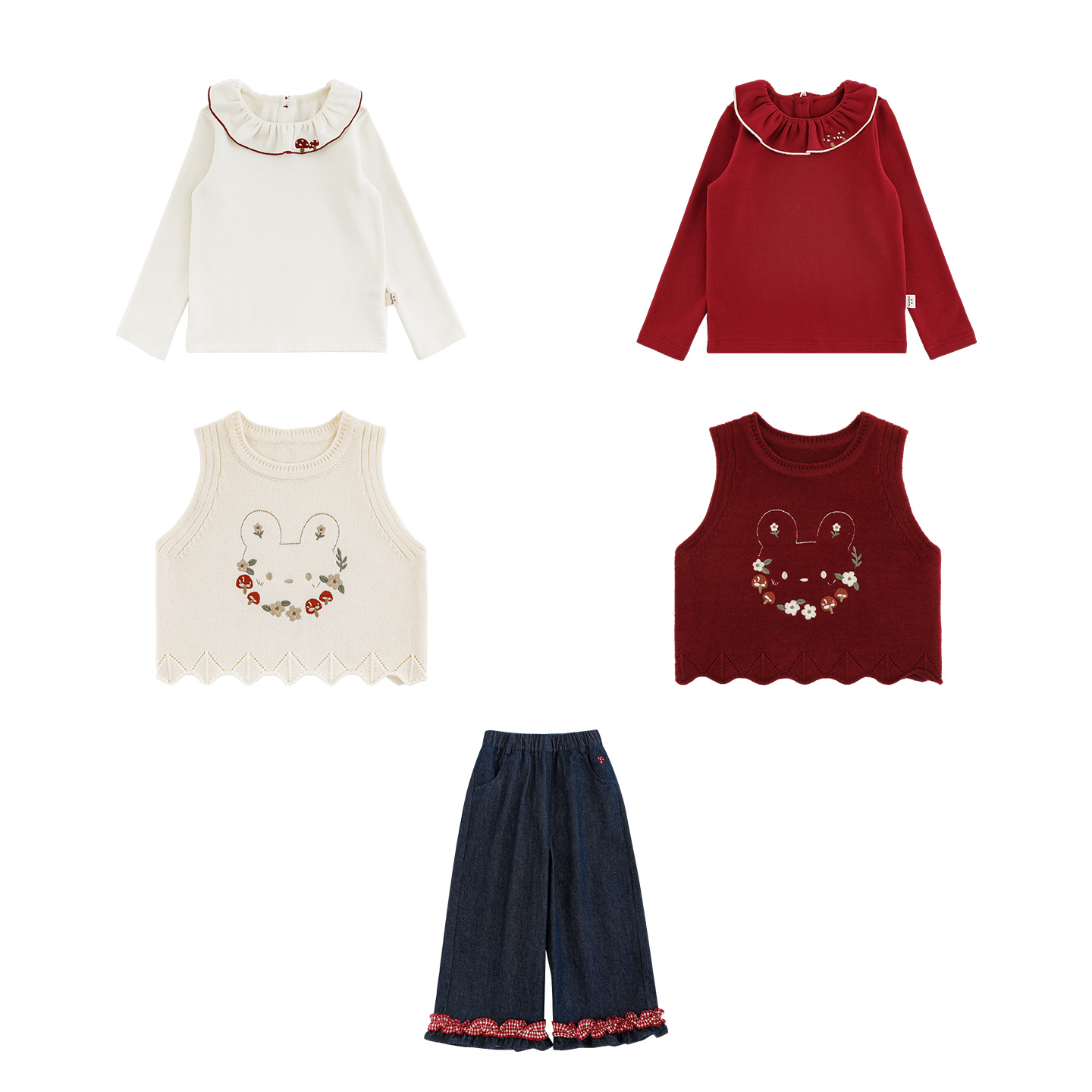 Girl's Ruffled-edged Bear And Floral Embroidered Vest With Lace Denim Jeans photo 4