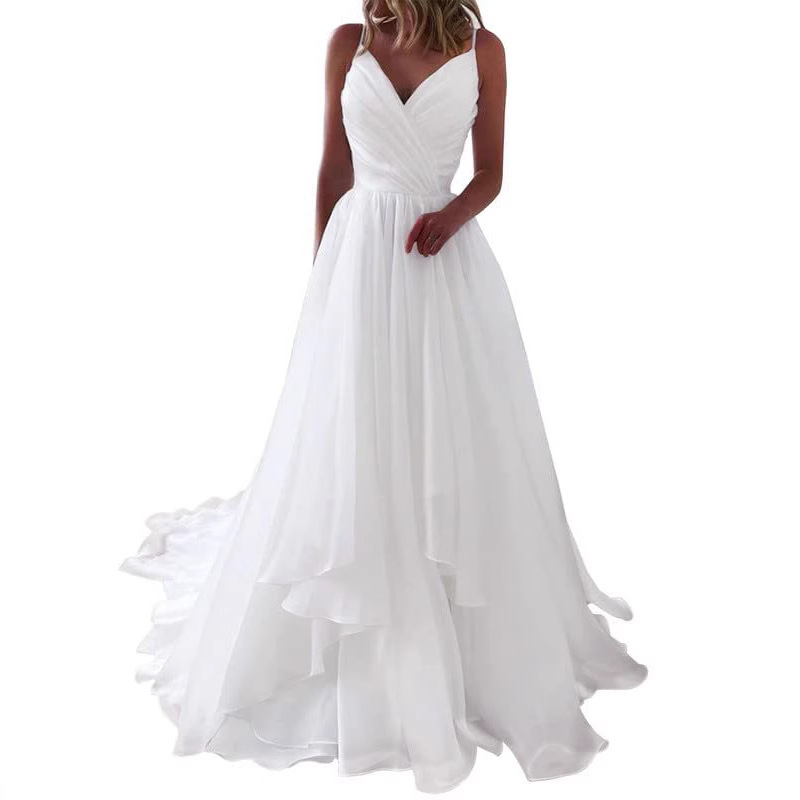 Fitted-waist Pleated V-neck Strap Light Wedding Dress photo 4