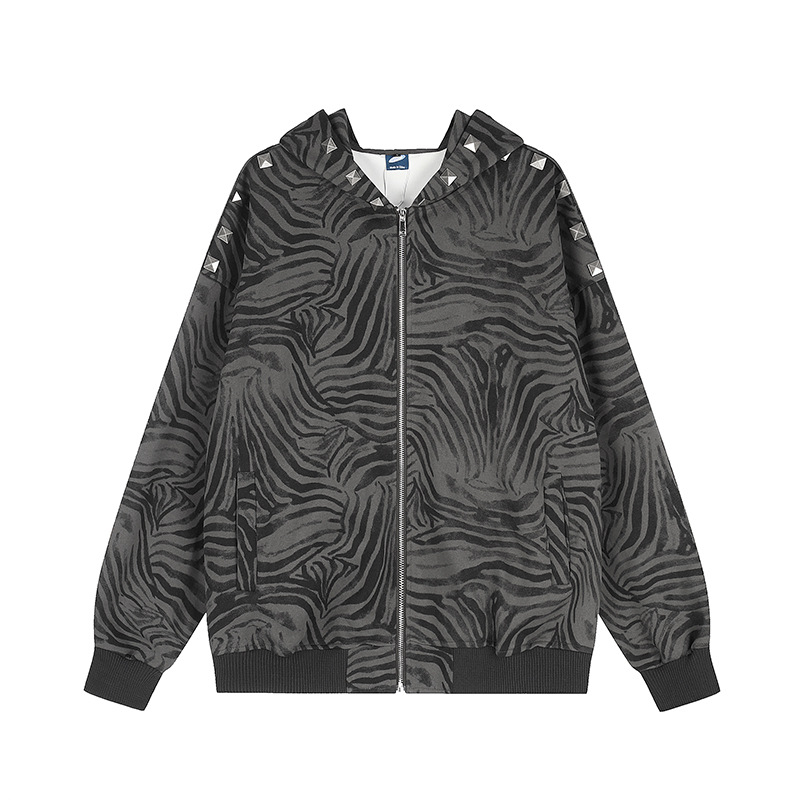 American-style Vintage Zebra-print Hooded Sweatshirt With Studs photo 2