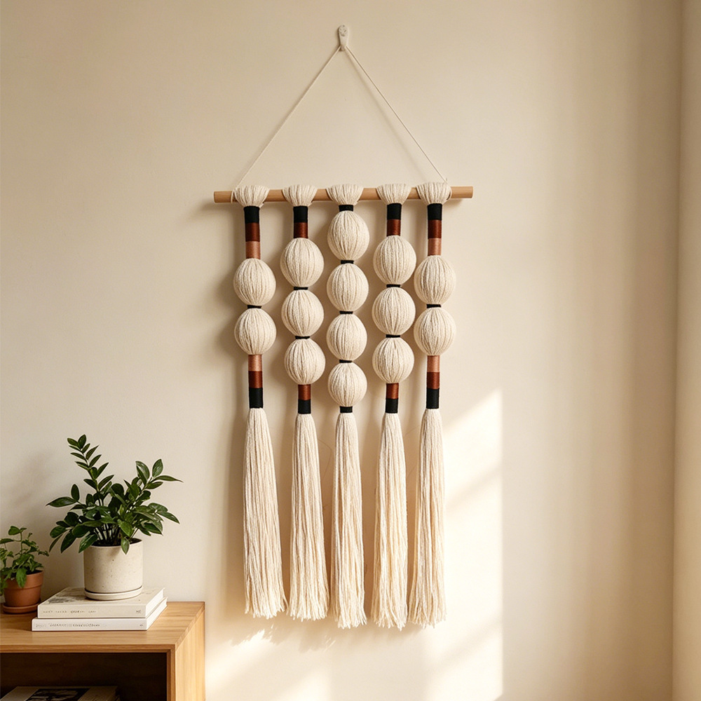 Handmade Bohemian Macrame Wall Hanging With Round Ball Tassels - Woven Tapestry Decor For Home Hotel Background photo 1