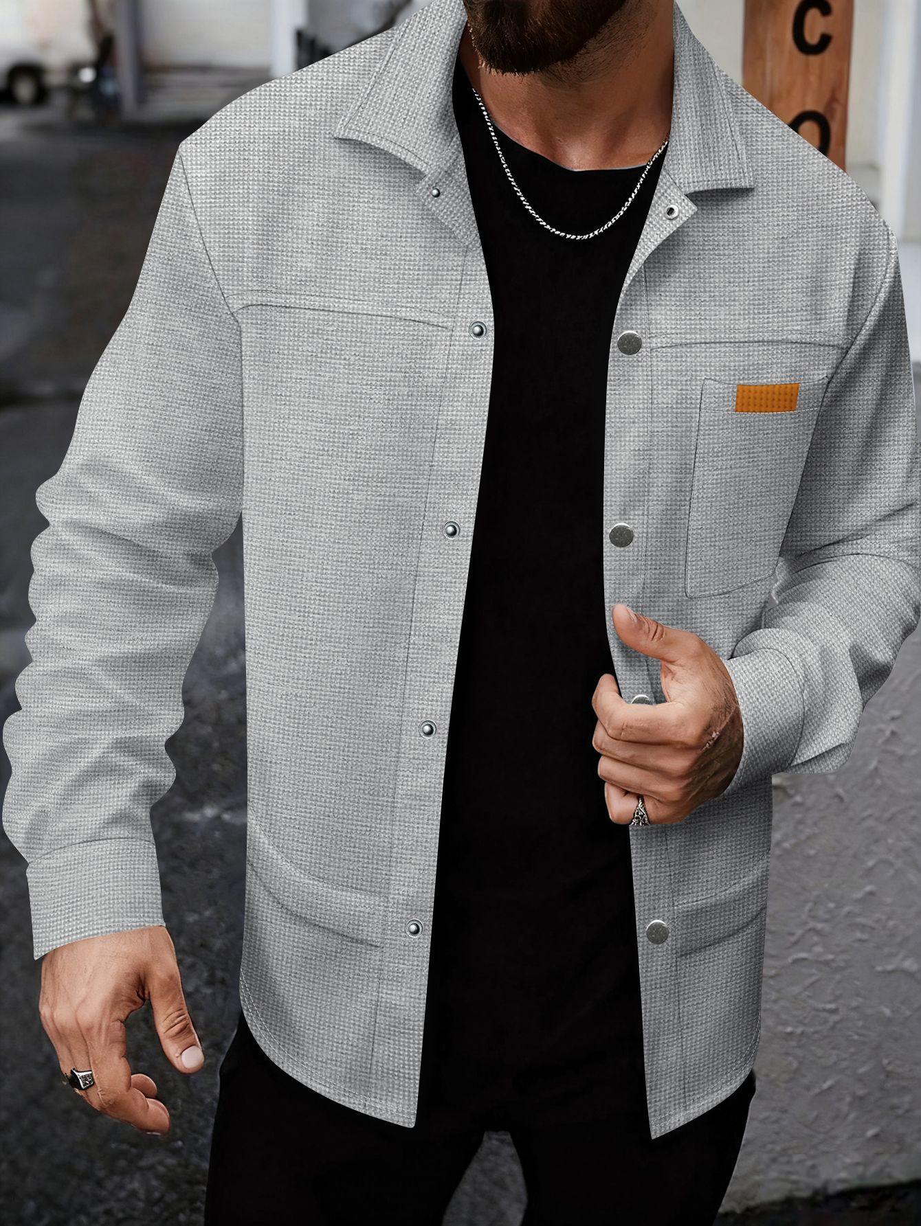 Solid-color Lapel-pocket Button-front Workwear Casual Long-sleeved Shirt photo 5