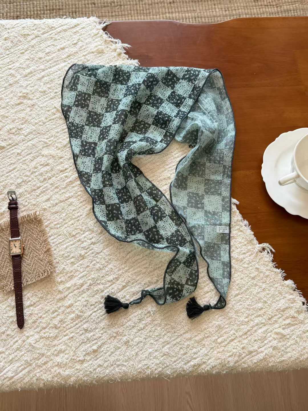 Lightweight Floral Plaid Tassel Triangle Scarf photo 5