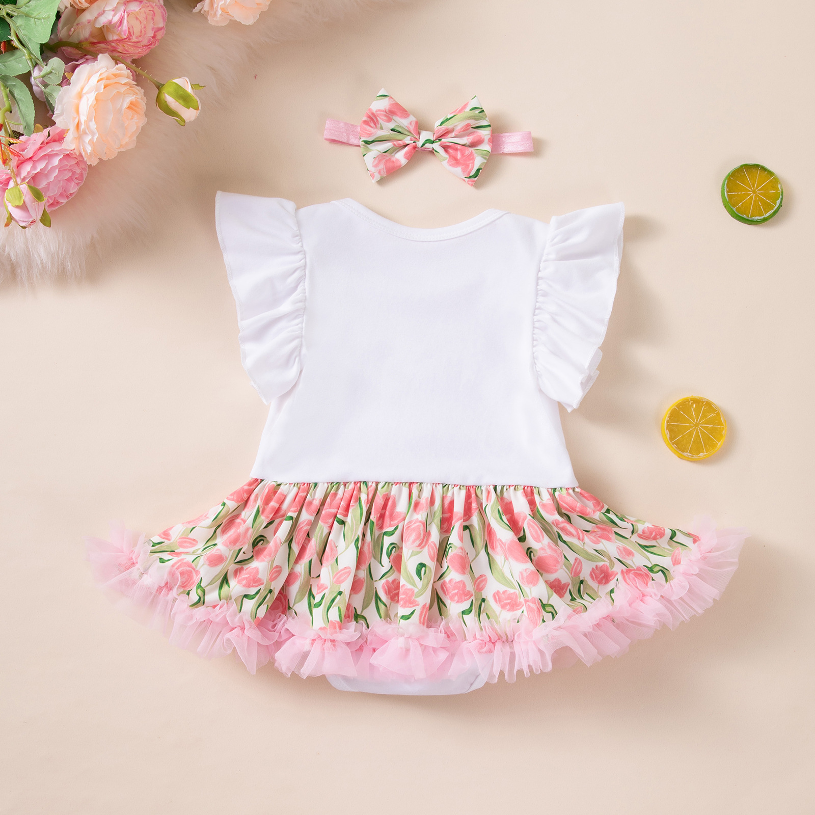 Birthday Outfit Flutter-Sleeve Romper Crawling Suit PP Pants And Bow Headband Set photo 3