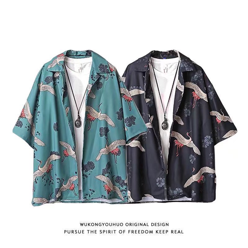 Men's Short-sleeve Shirt Summer Chinese-style Trendy Crane-printed Oversized Beach Shirt For Couples photo 2