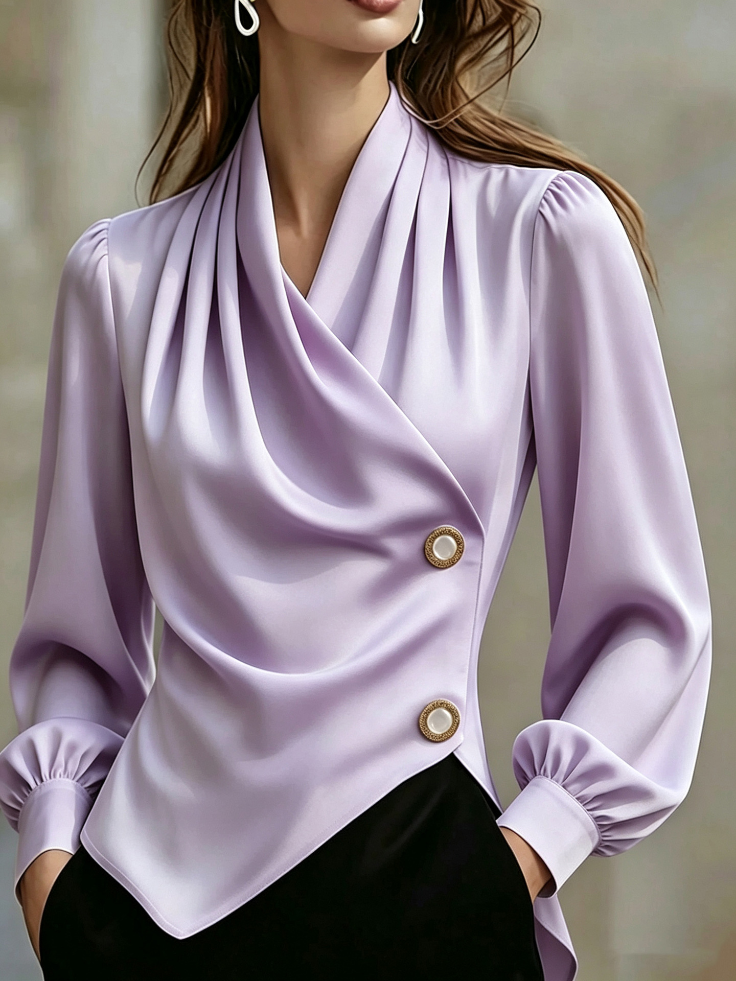 Crossover-collar Waist-cinching Asymmetrical Pearl-buttoned Slimming Versatile Long-sleeve Blouse photo 5