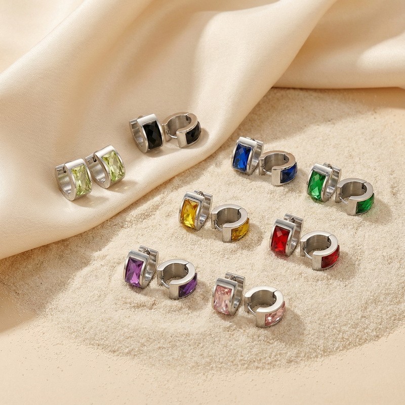 Cross-border European And American-style Personalized Earrings Titanium Steel Round Glass Ear Clips photo 1