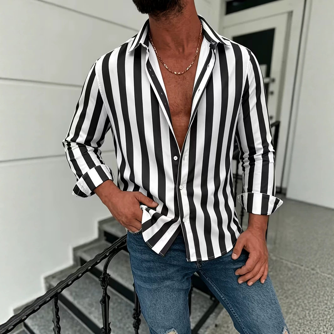 American-style Casual Men's Striped Long-sleeve Shirt photo 5