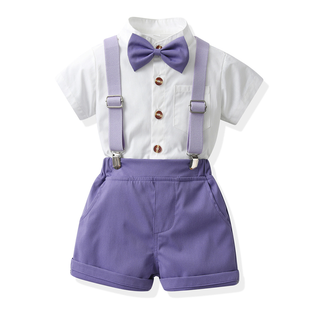Boys Candy-Colored Stand-Neck Short-Sleeve Suspender Pants Set photo 5