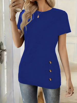 Round-neck Short-sleeve Top With Faux Button Detailingelegant And Versatile photo 6