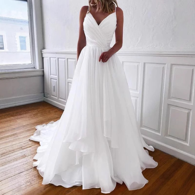 Fitted-waist Pleated V-neck Strap Light Wedding Dress photo 6