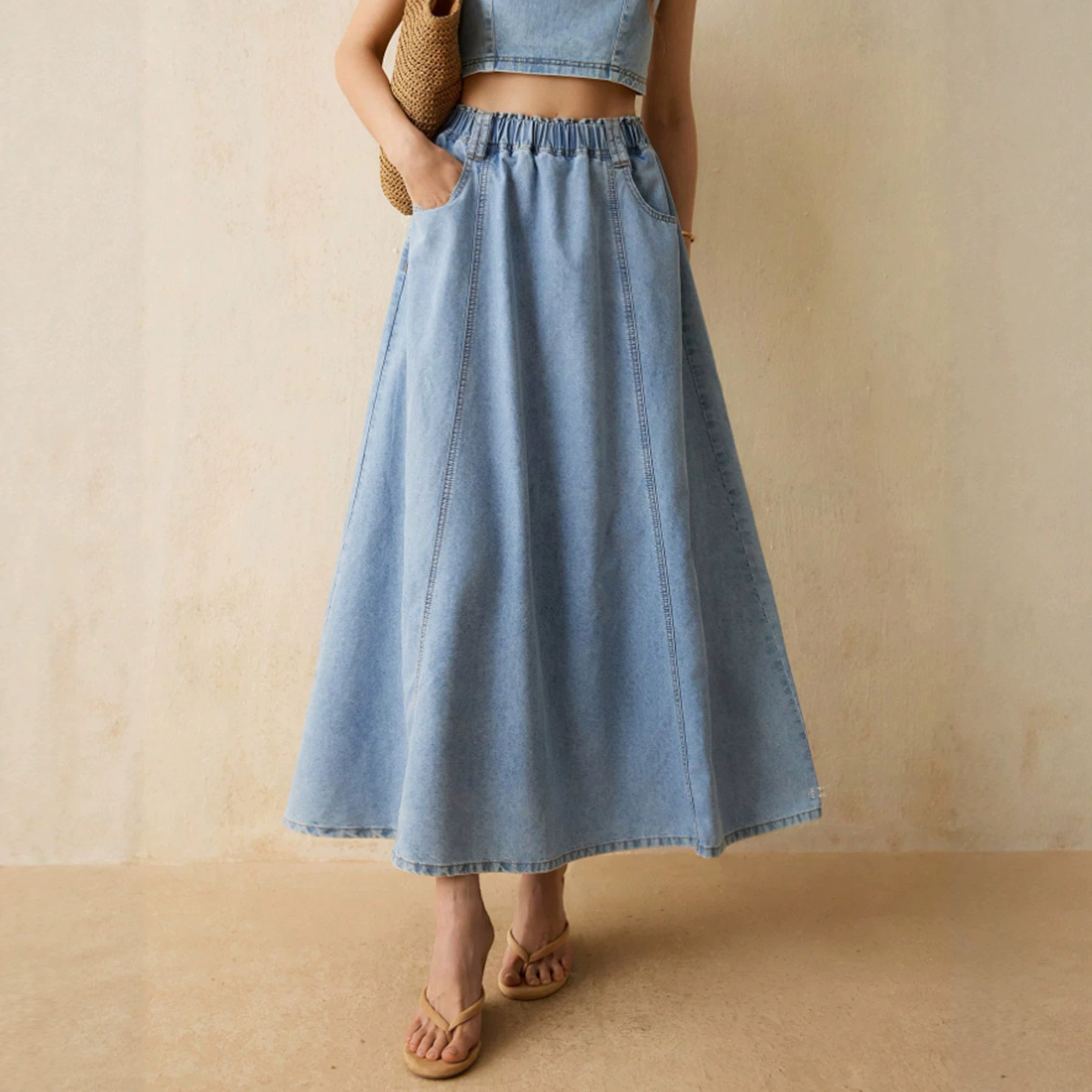 Womens Washed Loose Casual Denim Skirt With Elastic Waist And Flared Hem photo 2
