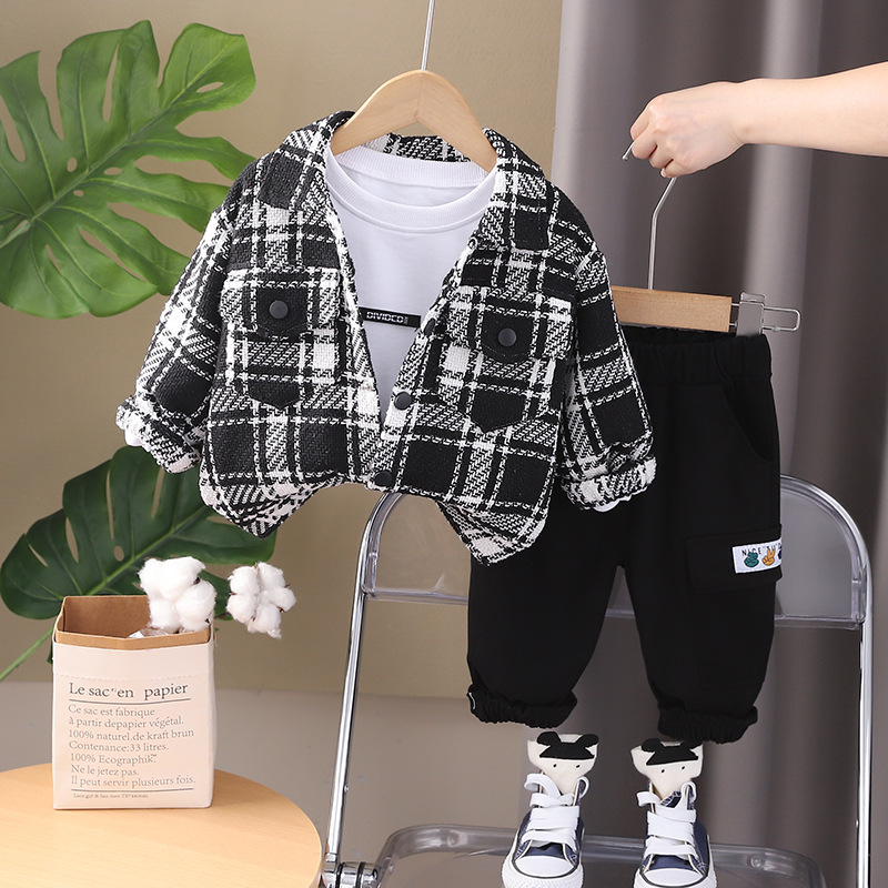 Spring And Autumn Casual Plaid Long-Sleeved Shirt Three-Piece Set photo 4
