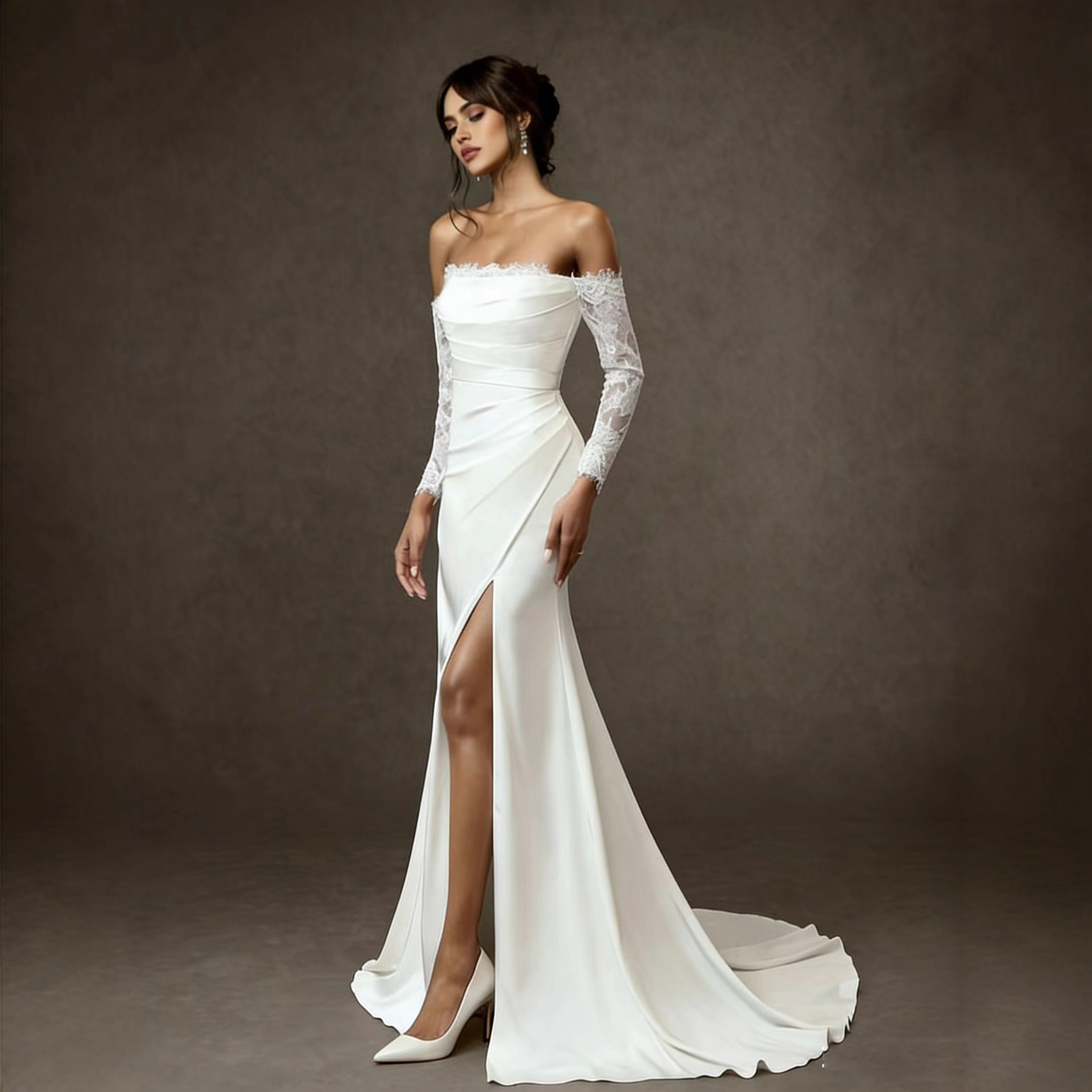 One-shoulder Lace Long-sleeve Light Wedding Dress photo 3