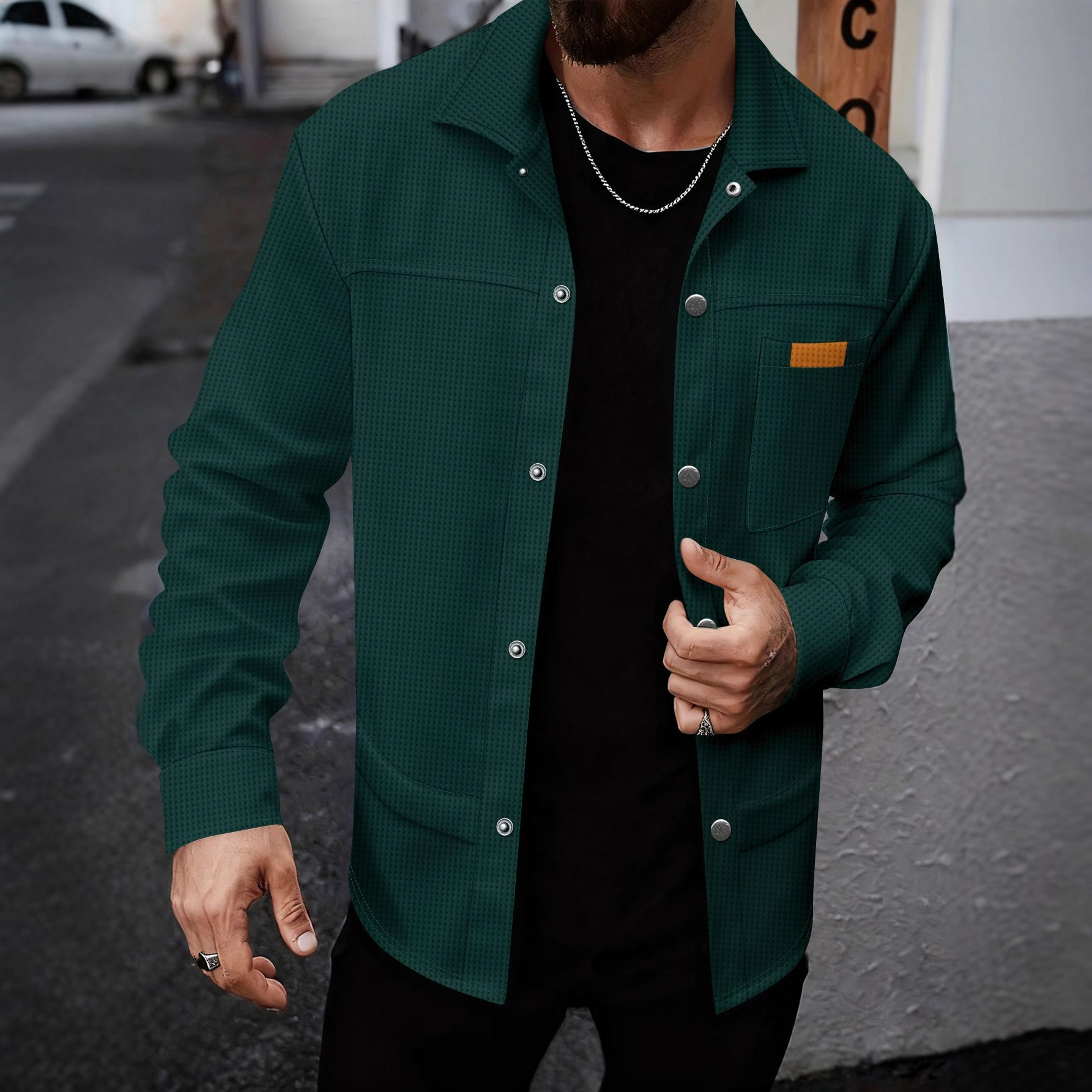 Solid-color Lapel-pocket Button-front Workwear Casual Long-sleeved Shirt photo 2