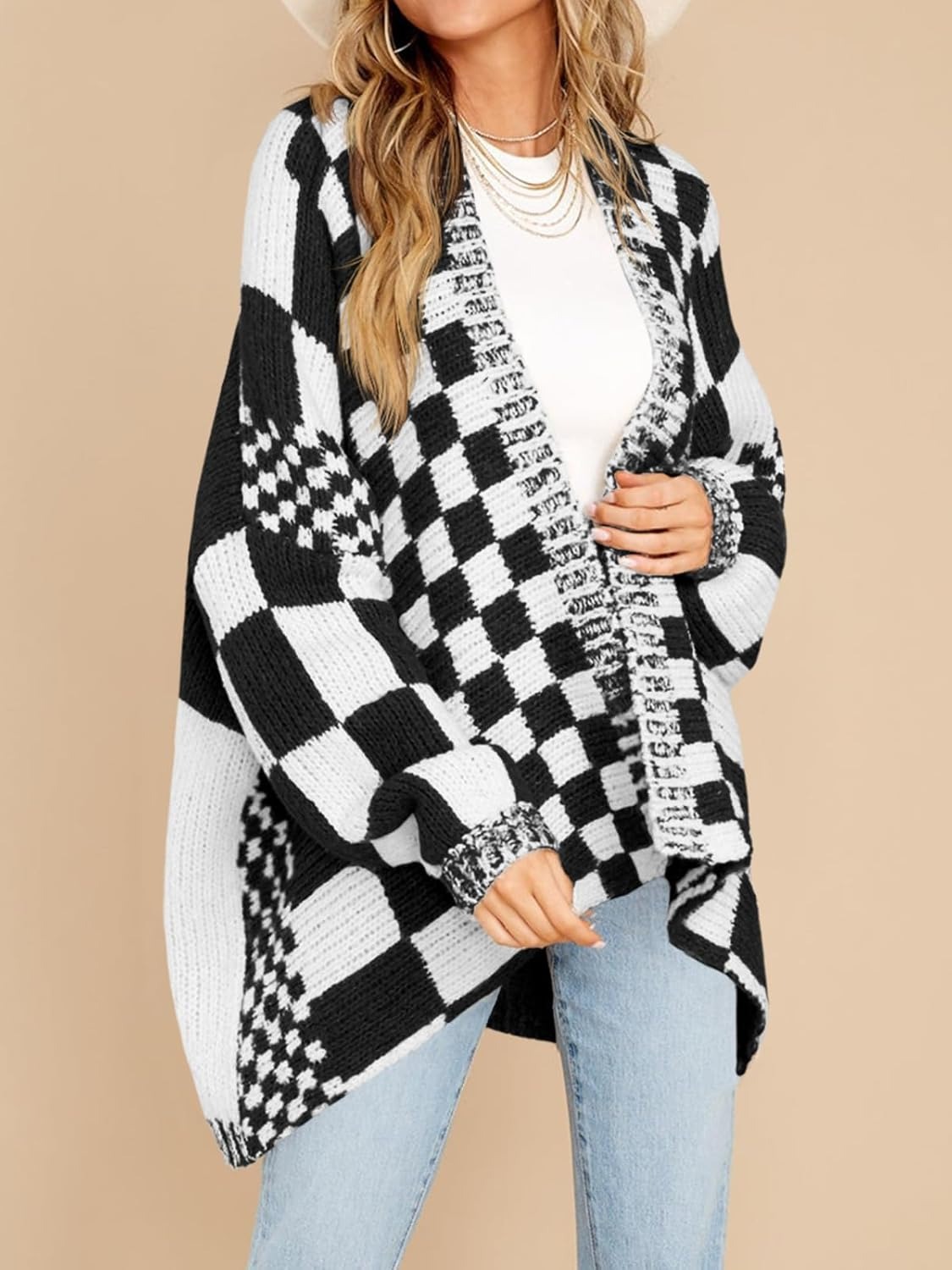 High-end Large-check Color-block Knit Cardigan photo 5