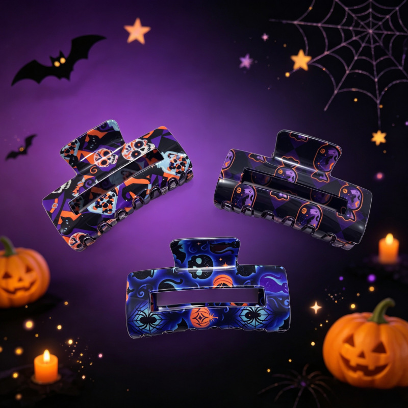 Halloween-themed Hair Clip Square Clip With Skull And Black Cat Print photo 3