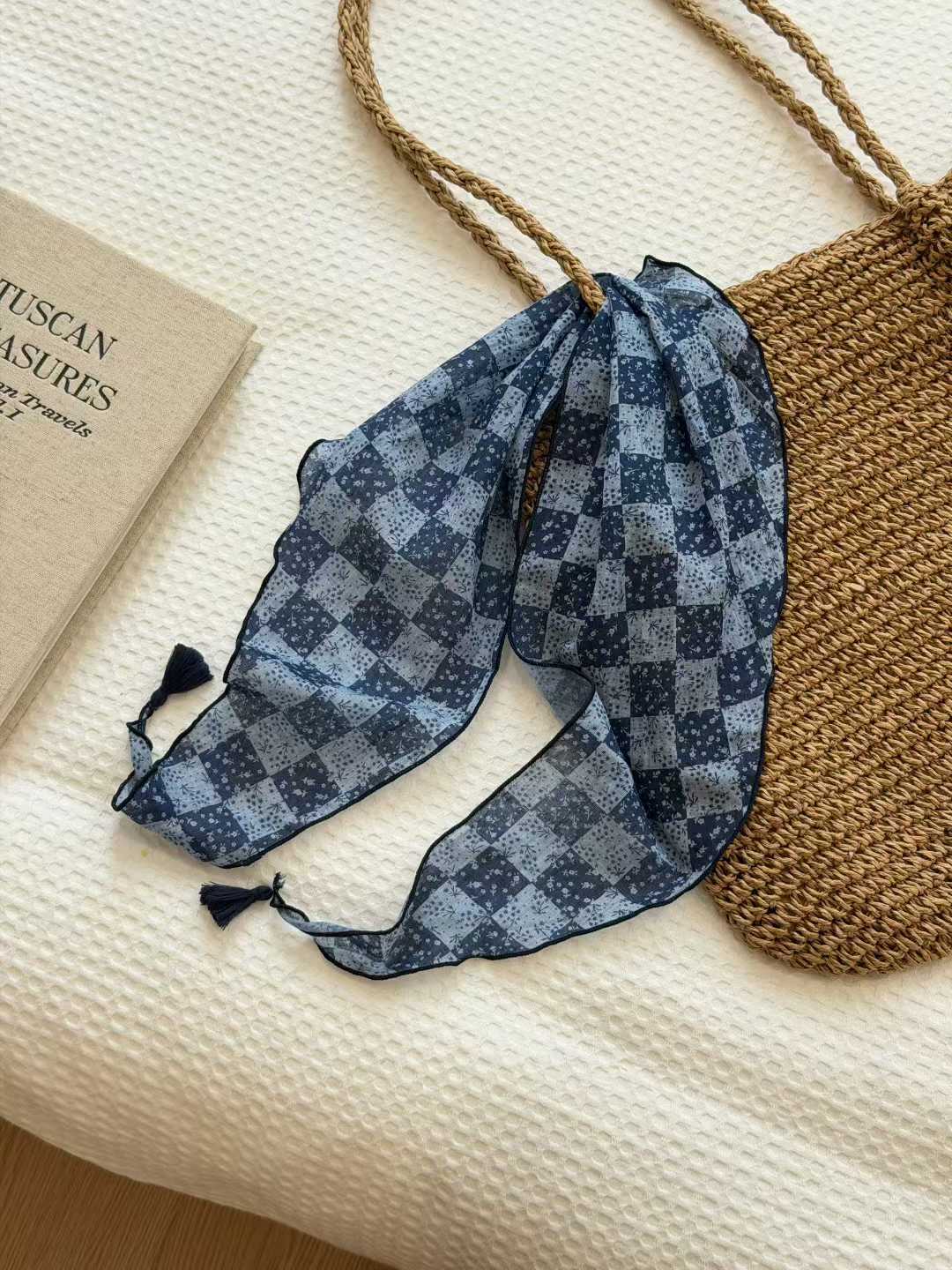 Lightweight Floral Plaid Tassel Triangle Scarf photo 8