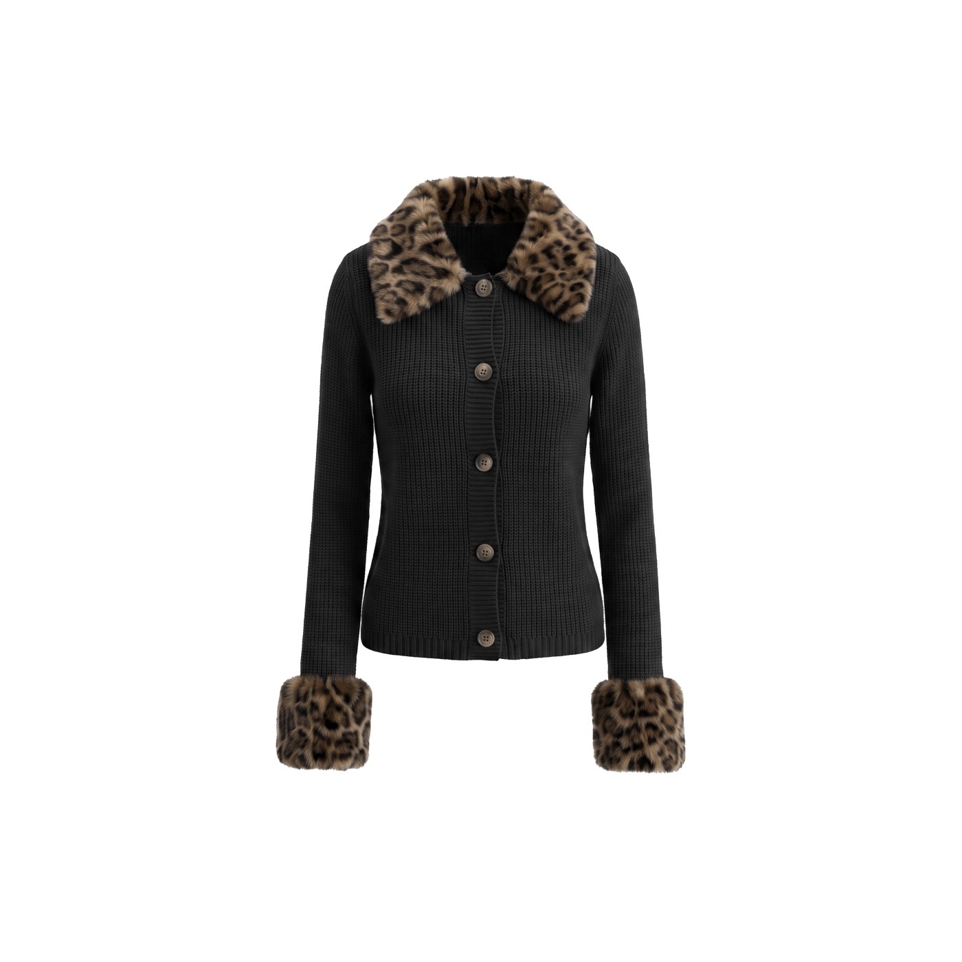 Women's Leopard-Print Fur-Trimmed Knitted Long-Sleeve Sweater photo 5