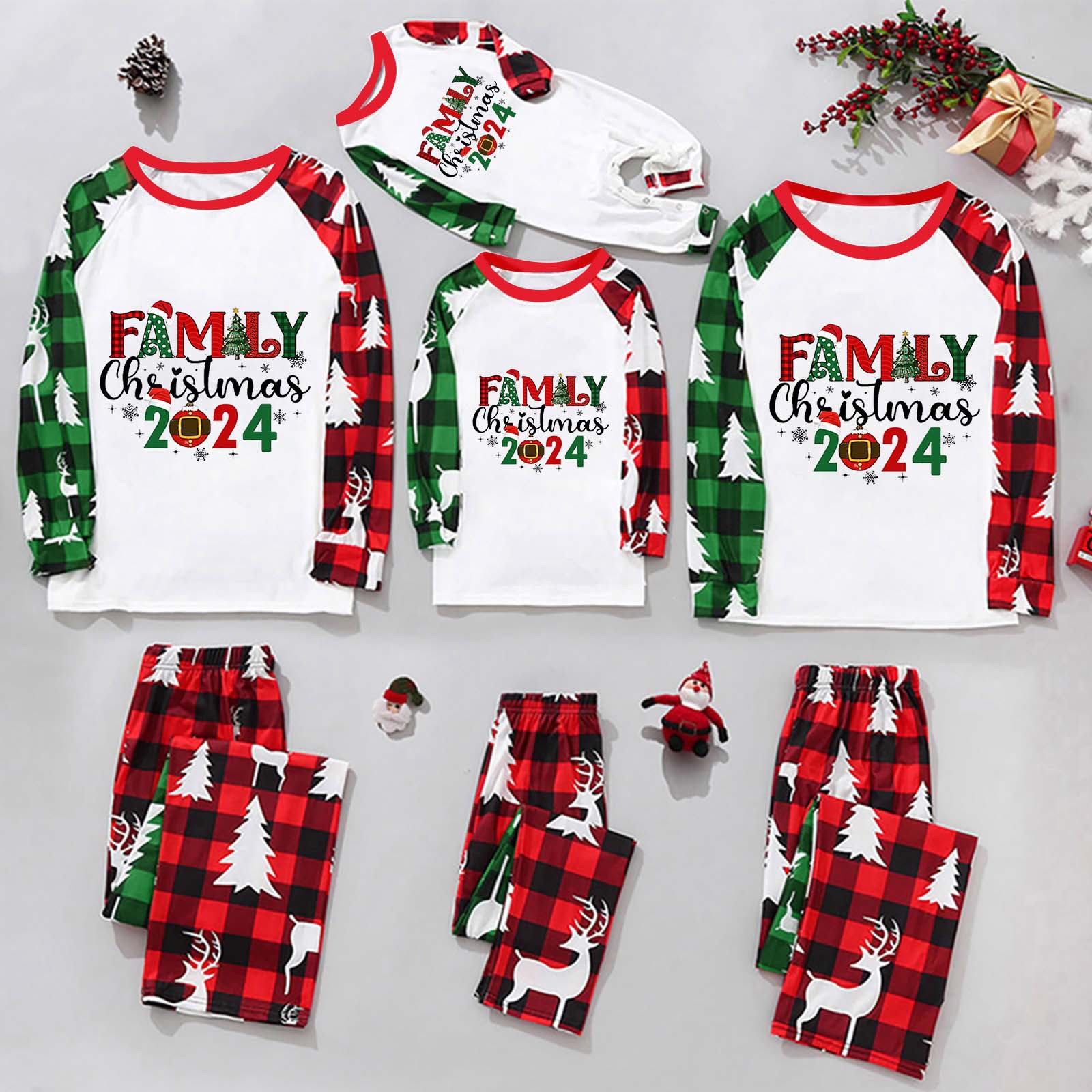 Parent-Child Christmas Homewear Suit Plaid Stitching Printing photo 1