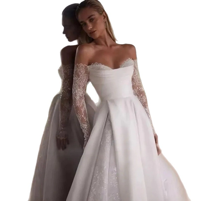 Long Sleeve Off Shoulder Wedding Dress Elegant Train Bridal Gown For Ceremony Reception photo 6
