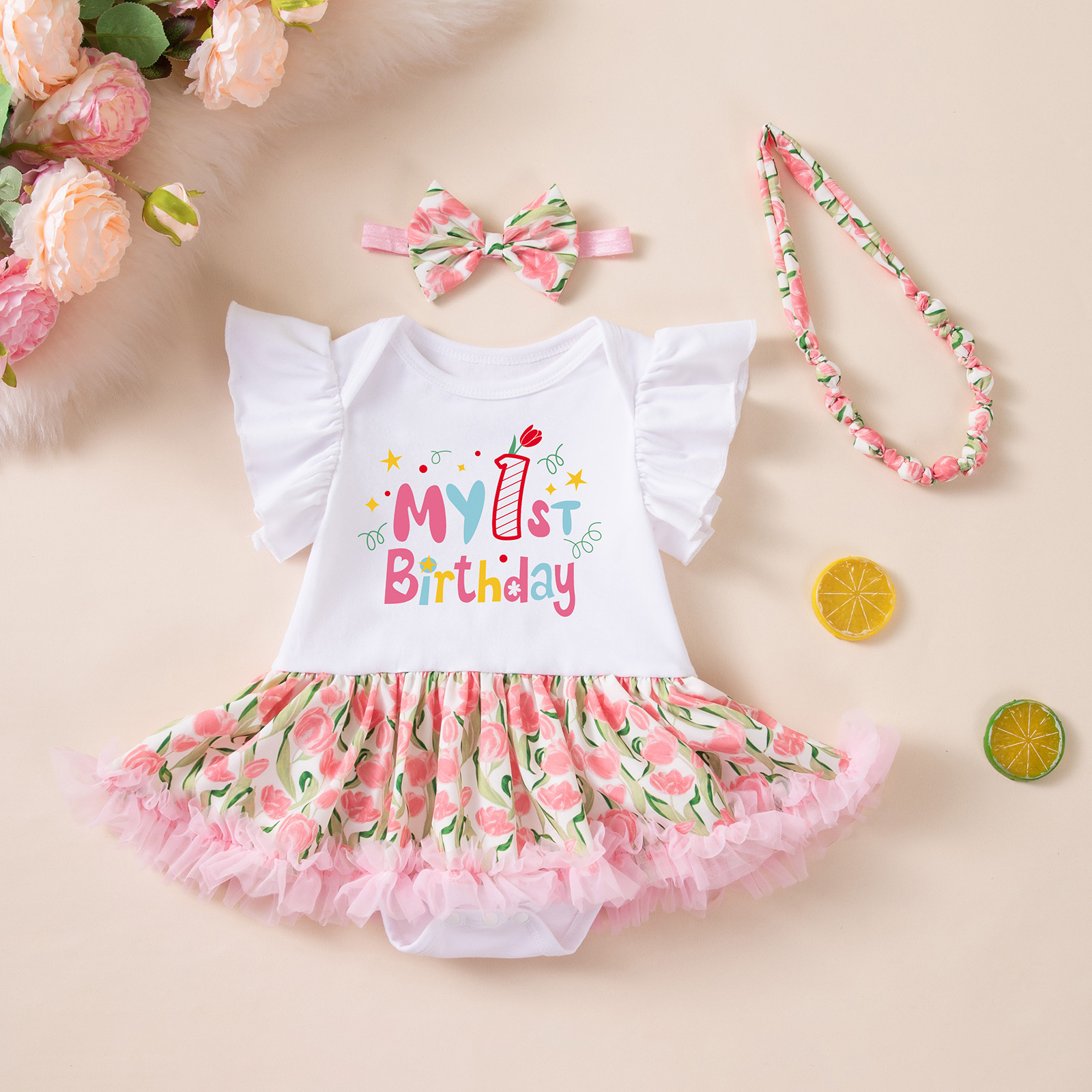 Birthday Outfit Flutter-Sleeve Romper Crawling Suit PP Pants And Bow Headband Set photo 2