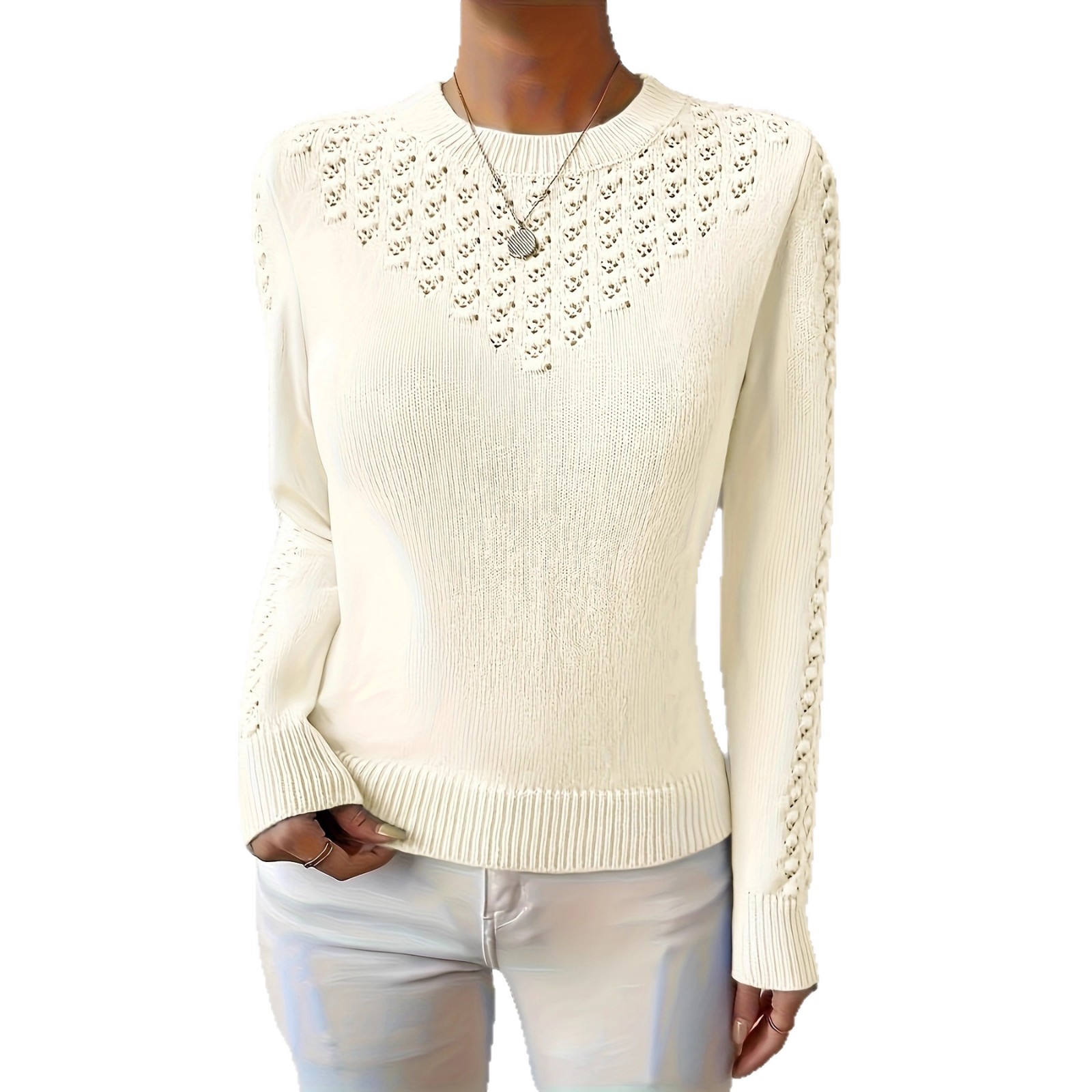 Solid-color Hollow-out Knit Crew-neck Long-sleeve Sweater photo 6