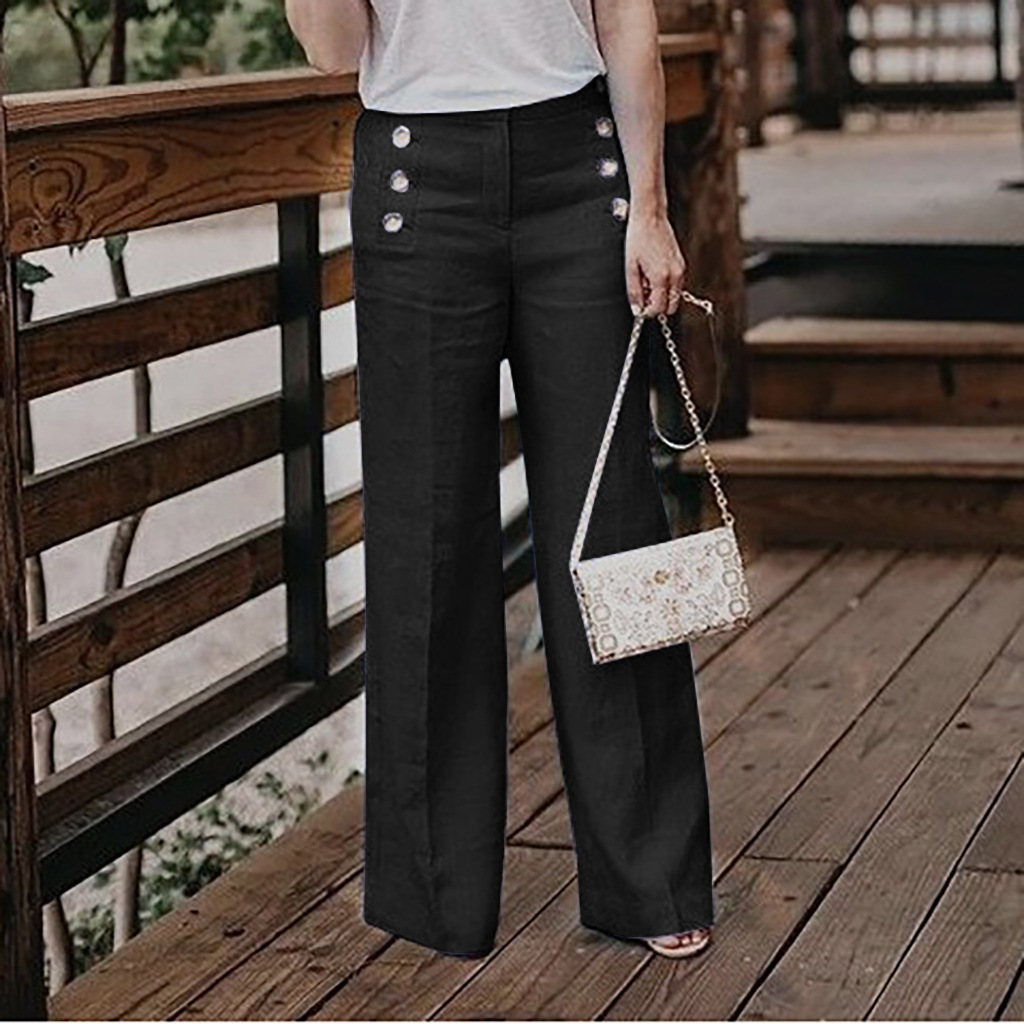 Women's High-Waisted Casual Cotton-Linen Wide-Leg Pants With Buttons photo 7