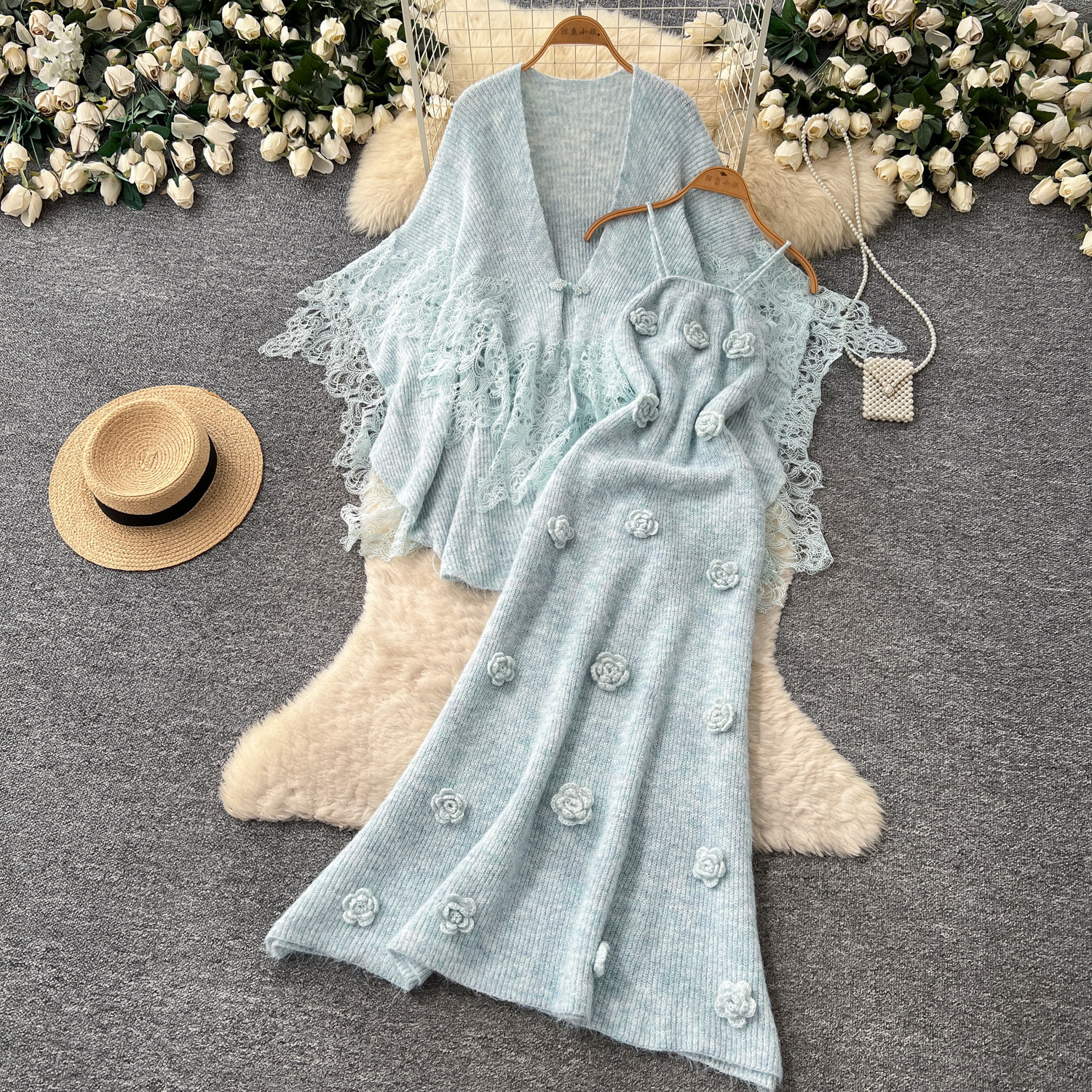 Lace-panel Cardigan And Camisole Dress Set With Three-dimensional Floral Accents photo 8