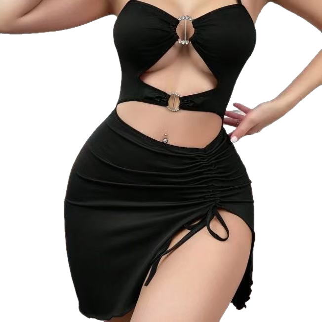 Womens Halter-Neck Slim-Fit Split Dress With Drawstring photo 5