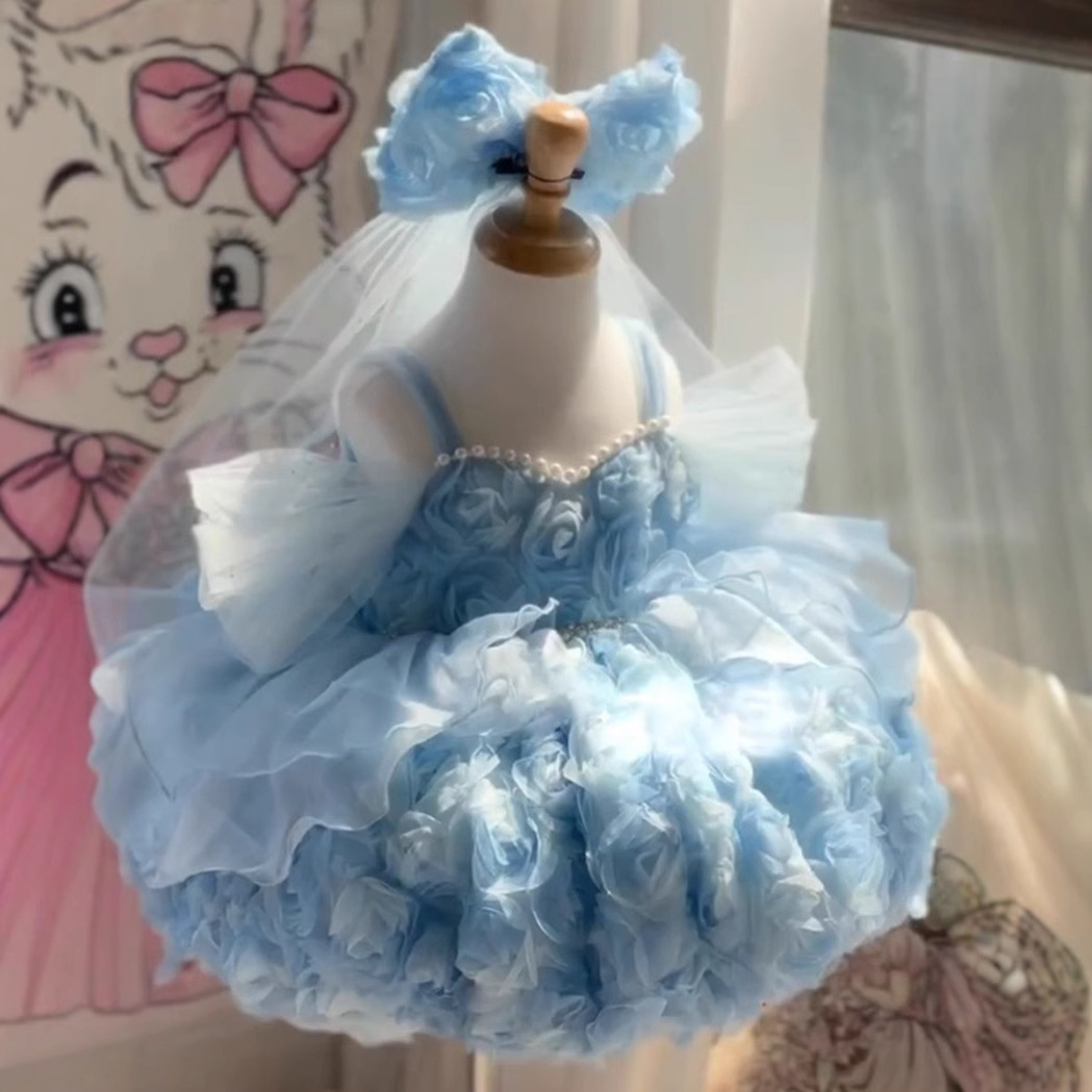 Blue Three-dimensional Floral Birthday Dress For Little Girls Performances photo 1