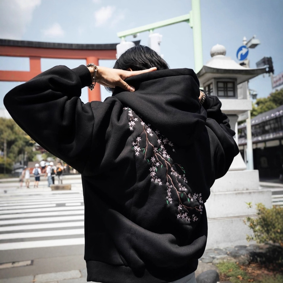 European And American Autumn And Winter Cherry Blossom Hooded Sweater Men And Women Street Hip Hop Retro photo 3