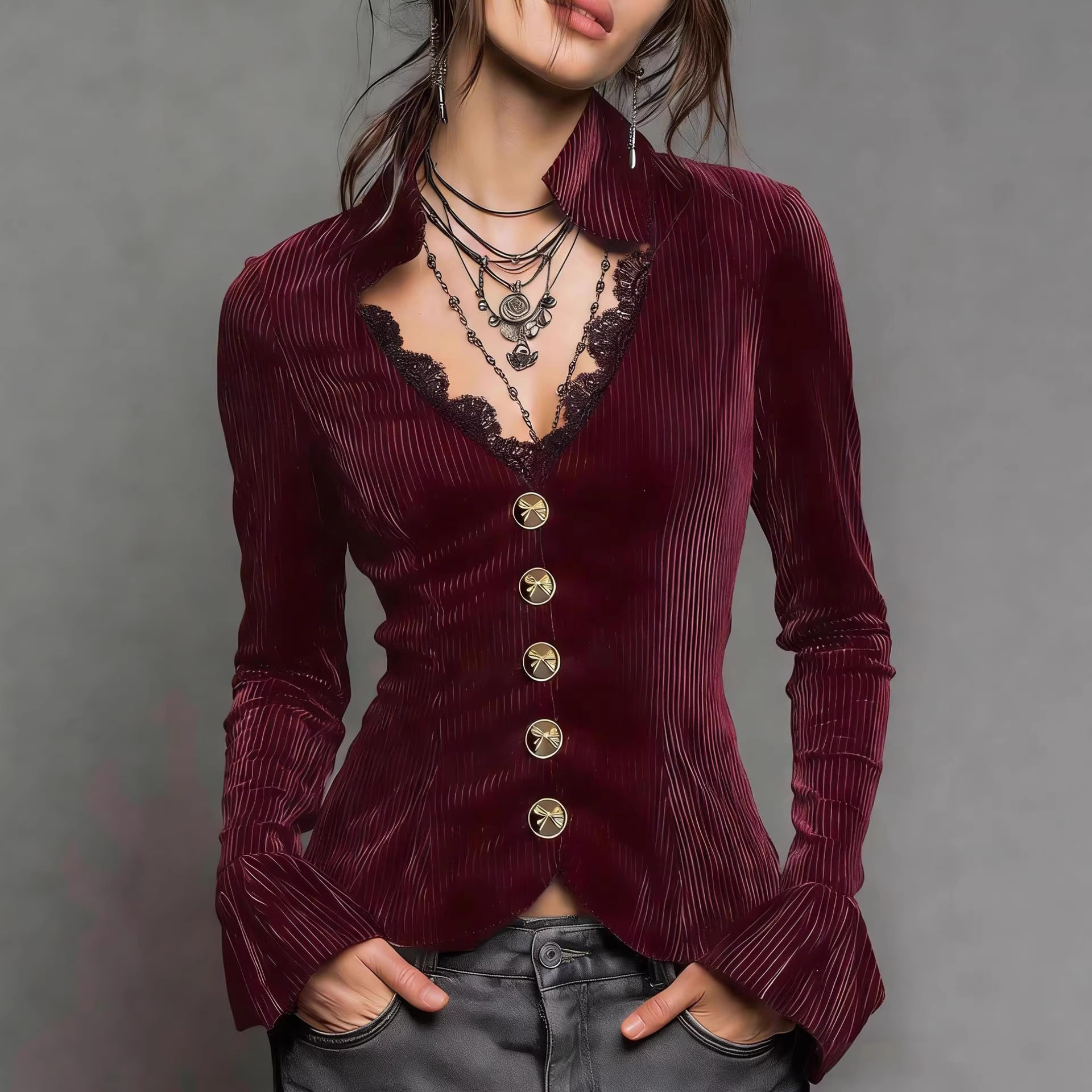 Women's V-neck Slim-fit Long-sleeve Top New Style photo 2