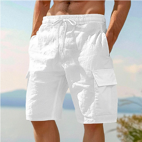 Beach Shorts With Elastic Waist Drawstring Multiple Pockets Solid Color photo 3