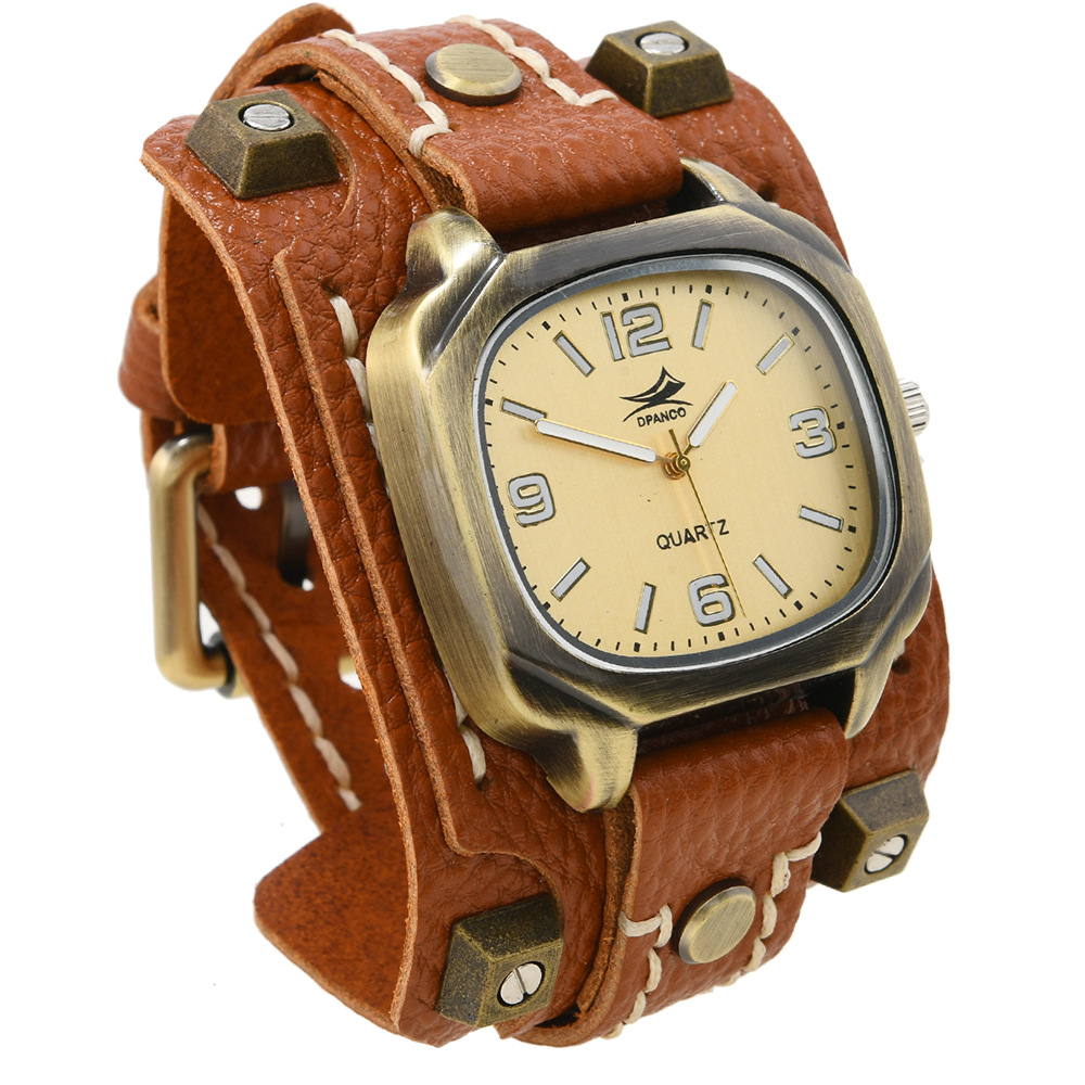 Vintage Studded Leather Watch Bracelet Adjustable Hand-stitched Cuff photo 5