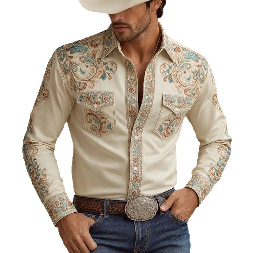 Western Cowboy Style Men's Spring And Autumn Long Sleeve Shirt Stand Collar Shirt photo 2