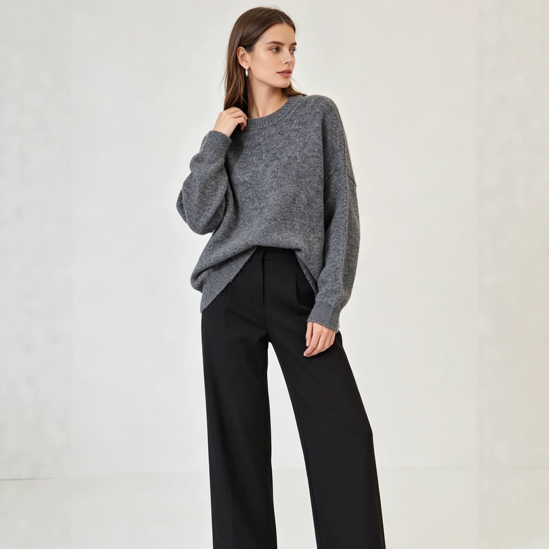 Solid-color Crew-neck Korean-style Loose-fit Cozy Knit Sweater photo 5