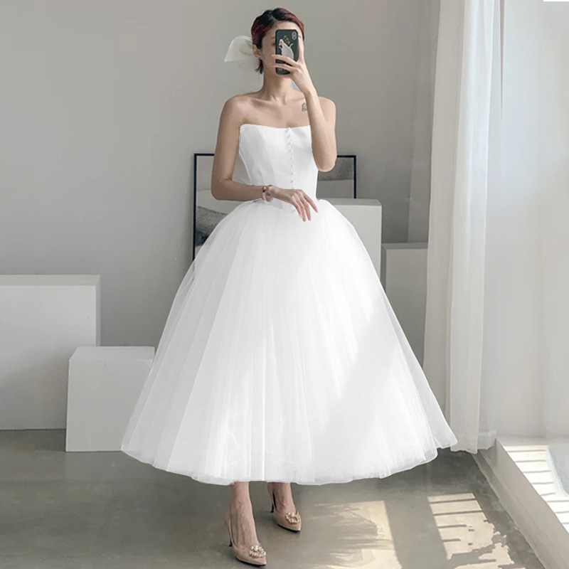 French-style Off-shoulder Light Wedding Dress Midi Length photo 2