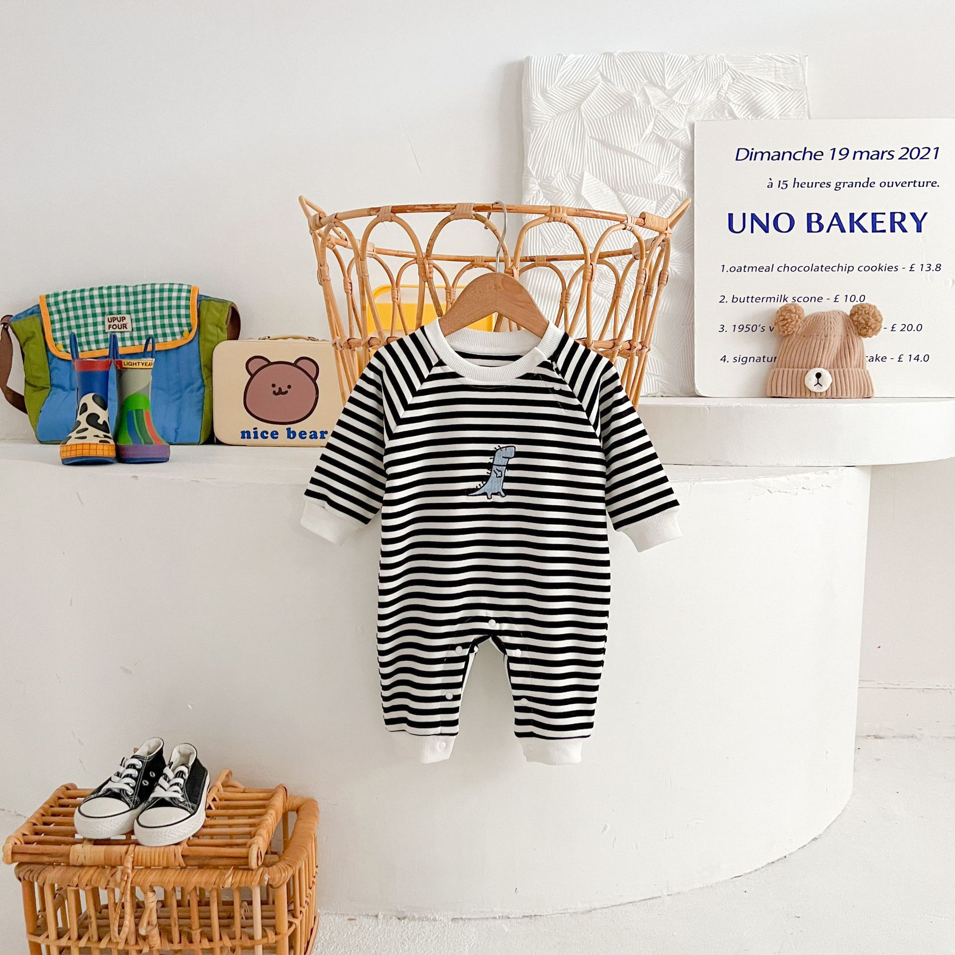 Springautumn New Arrival Striped Dinosaur-embroidered Baby Romper For 0 2 year olds photo 2