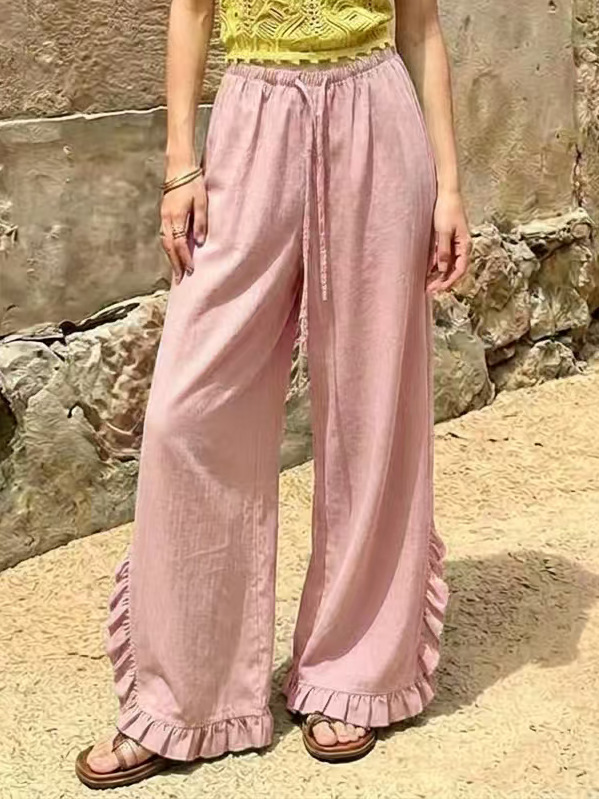 High Waisted Wide Leg Trousers With A Draped Ruffled Hem Casual Long Pants photo 7