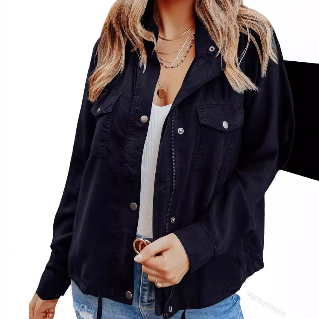 Dark-button Long-sleeved Pocket Drawstring Jacket photo 2