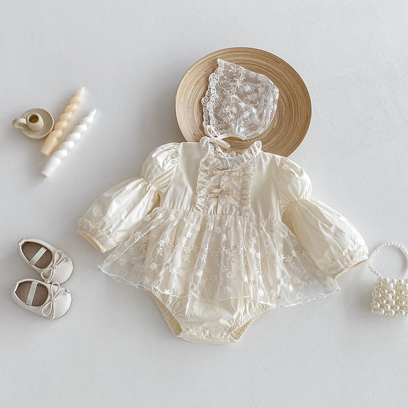 Sweet Baby Clothes Bodysuit, Pinafore Dress, Long-sleeve Soft Lace Romper, And Hat photo 3
