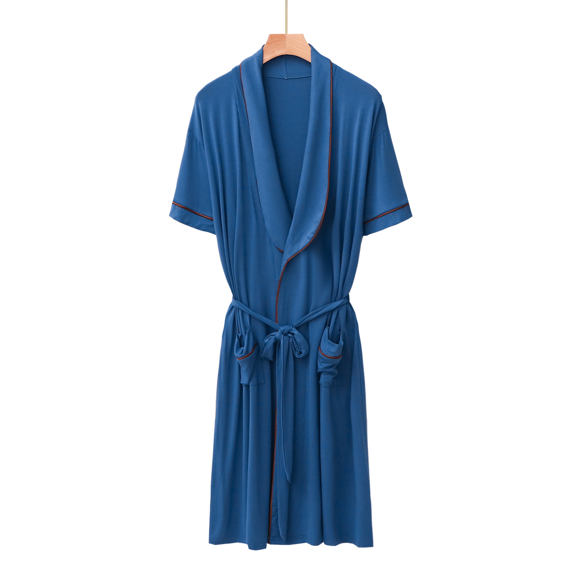 Mens Short-sleeved Mandarin-collar Mid-length Belted Draping Pajama Bathrobe photo 6