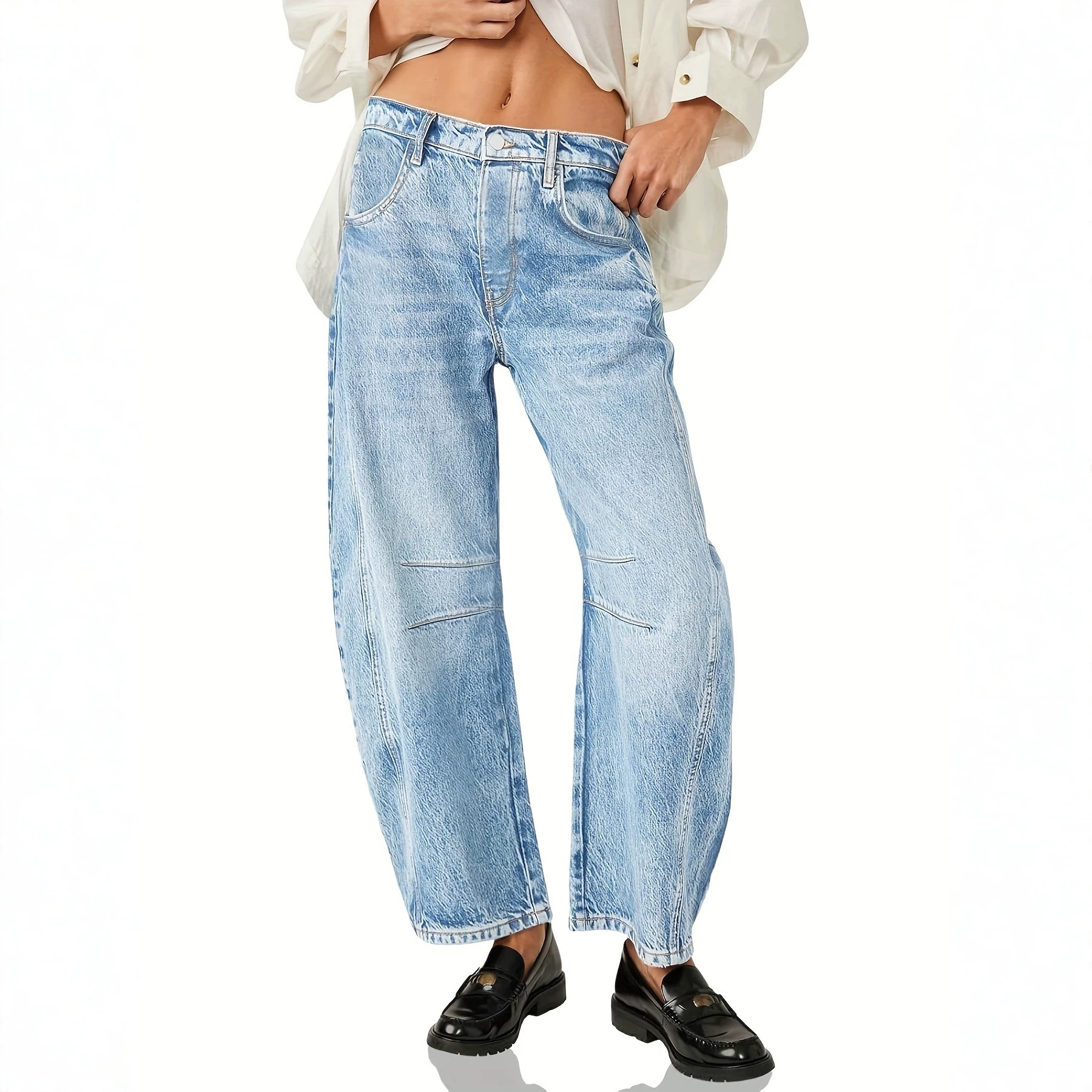 Women's Loose-Fit Cropped Wide-Leg Mid-Waist Denim Pants photo 5