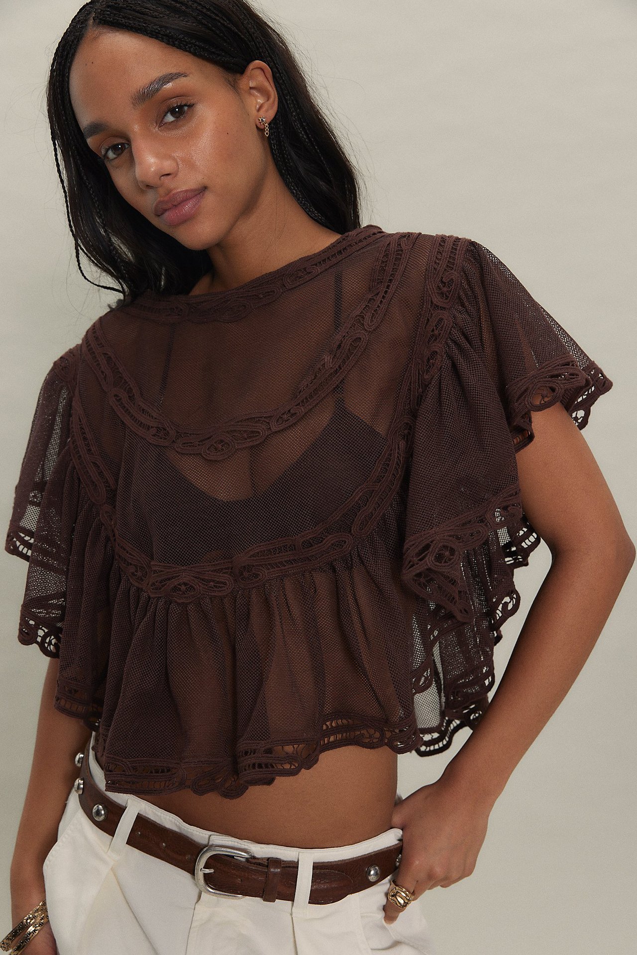 Long-sleeve Knitted Hollow-out Top With Tie-up Details photo 6