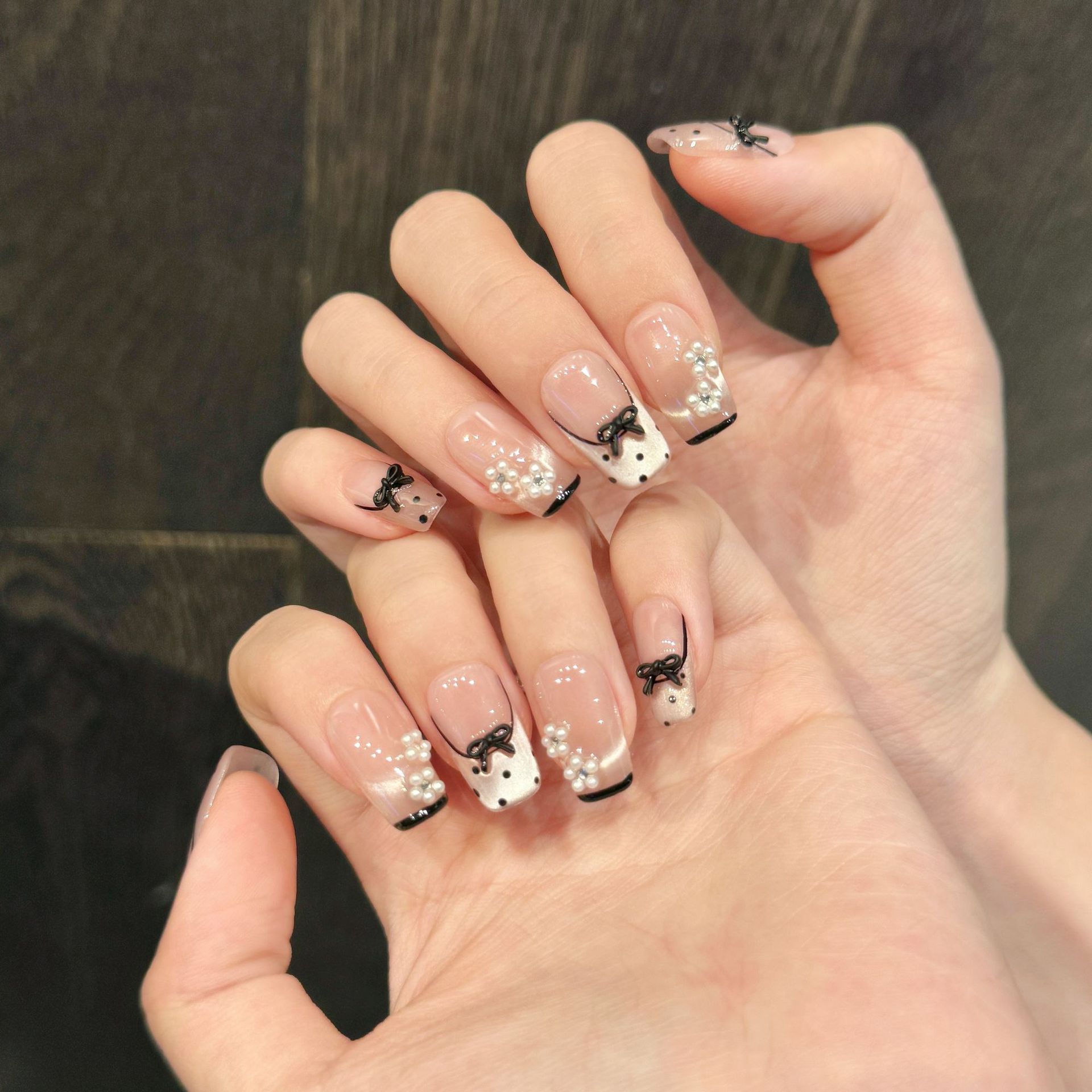 Hand-Painted Cat-Eye Lace-Trimmed French Polka-Dot Nail Stickers Purely Handmade Wearable Nails photo 6