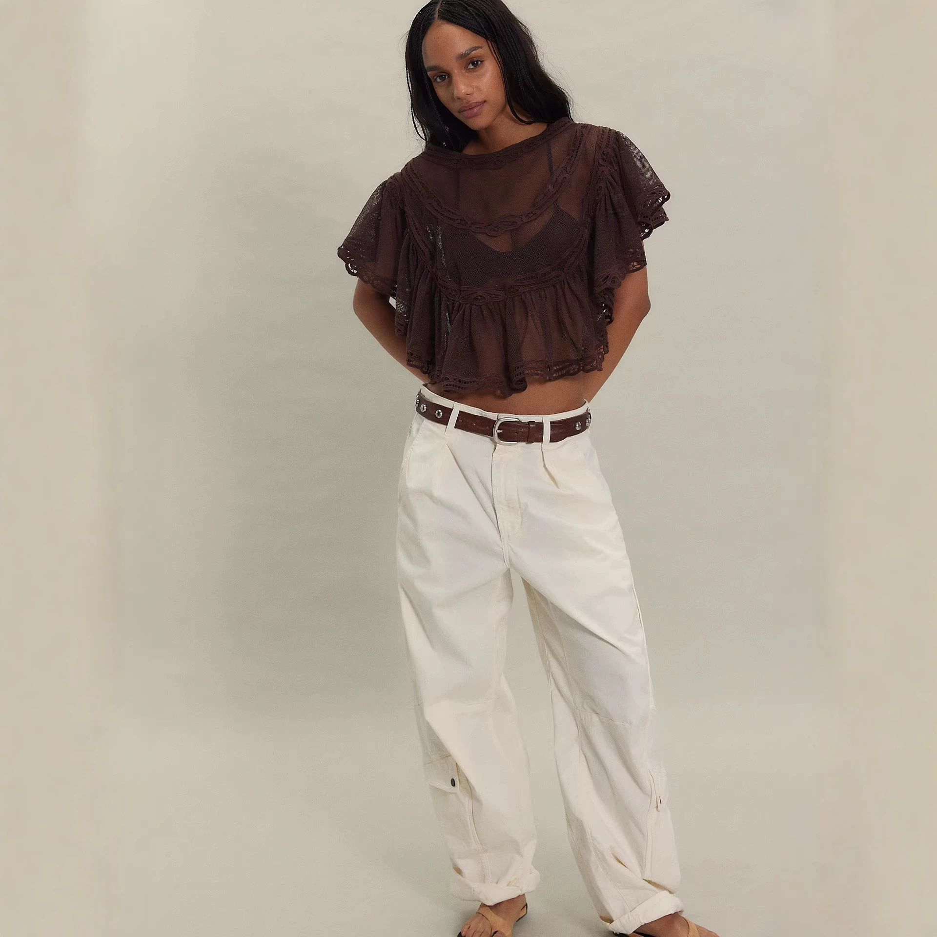 Long-sleeve Knitted Hollow-out Top With Tie-up Details photo 3